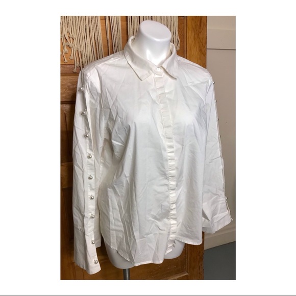 Marled Tops - Marled White Button Down Oversized Contemporary Pearl Wide Sleeve Blouse